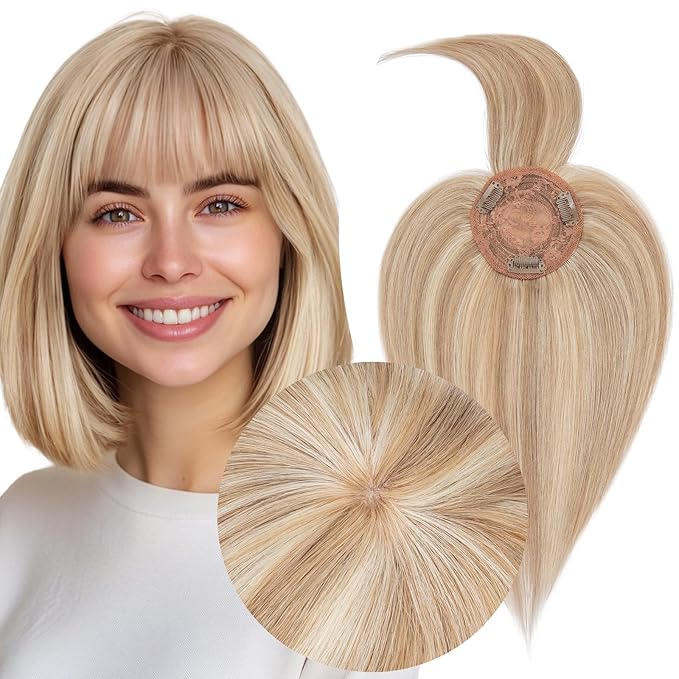 MY-LADY Human Hair Toppers for Women Real Human Hair with Bangs Thin 8.5 * 8.5CM Mono Base Clip in Remy Hairpieces Light Weight 14 Inch Golden Brown Mixed Bleach Blonde