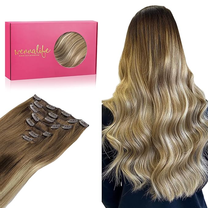 WENNALIFE Clip in Hair Extensions Real Human Hair, 20 Inch 120g 7pcs Ombre Walnut Brown to Ash Brown and Bleach Blonde Clip in Human Hair Remy Clip in Hair Extensions Real Human Hair Double Weft