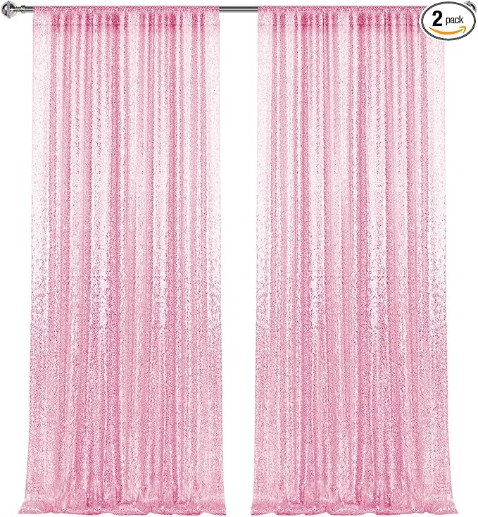 4×8FT-2PCS Pink Sequin Backdrop Curtains Panels, Photography Backdrop Glitter by Pufogu