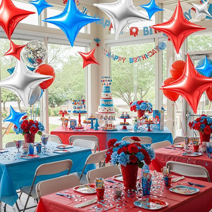 TONIFUL 30Pcs Four Pointed Star Balloon Blue Silver Red Foil Balloon | 26In & - Image 3