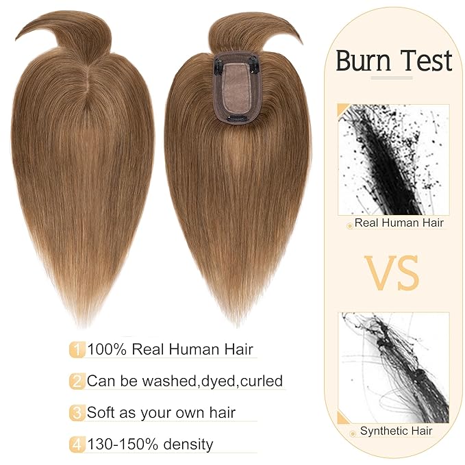 SEGO Hair Toppers for Women Real Human Hair With Bangs, 7 * 13CM Silk Base 100% Remy Human Hair Clip in Top Wiglet Hairpieces Add Volume -14 Inch Light Brown