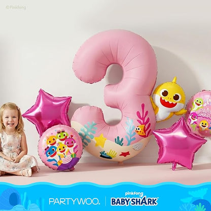 PartyWoo Baby Shark Pink Foil Round Star Mylar Number 3 Balloons 5pcs | Balloons - Image 2