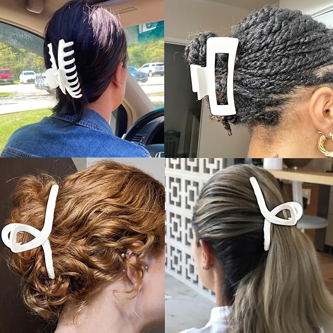 Solid White Large Hair Claw Clips for Thick/Fine/Thin Hair,Strong holding teeth interlocking Women Jaw Clips for Hair 3 Count In set(White)