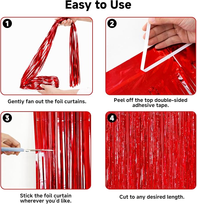 jijAcraft Red Tinsel Foil Fringe Curtain, 3 Pack 3.2x6.5 Feet Metallic Red - Image 3