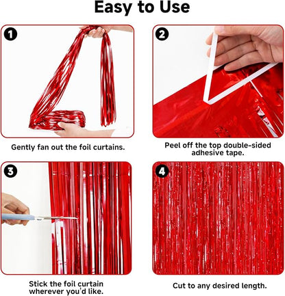 jijAcraft Red Tinsel Foil Fringe Curtain, 3 Pack 3.2x6.5 Feet Metallic Red - Image 3