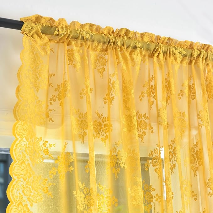 Kotile Mustard Yellow Sheer Lace Curtains - Image 4
