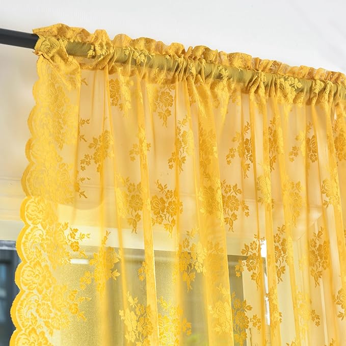 Kotile Mustard Yellow Floral Sheer Curtains - Image 3