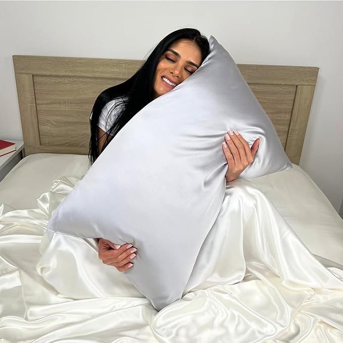 Mulberry Park 30 Momme Silk Pillowcase - Pure Silk Pillowcase for Hair and Skin, Grade 6A Charmeuse Weave Mulberry Real Silk Pillowcase for Luxury Night Sleep - 1 Pc Silver (King 20'' x 36'')