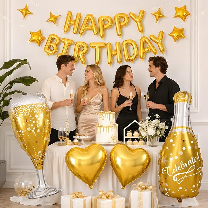 Gold Happy Birthday Balloons Banner, Star Heart Balloons, Champagne Bottle - Image 6