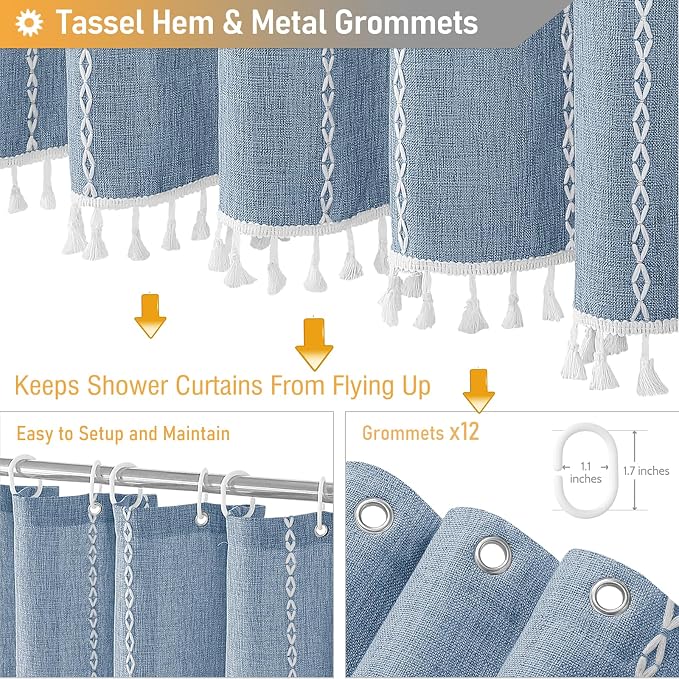 72x84 Long Boho Farmhouse Linen Heavy Duty Cloth Shower Curtain, 330GSM Linen - Image 5