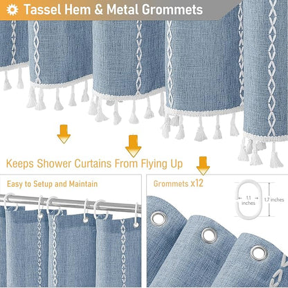 72x96 Extra Long Boho Linen Heavy Duty Cloth Shower Curtain Set, 330GSM Linen - Image 5