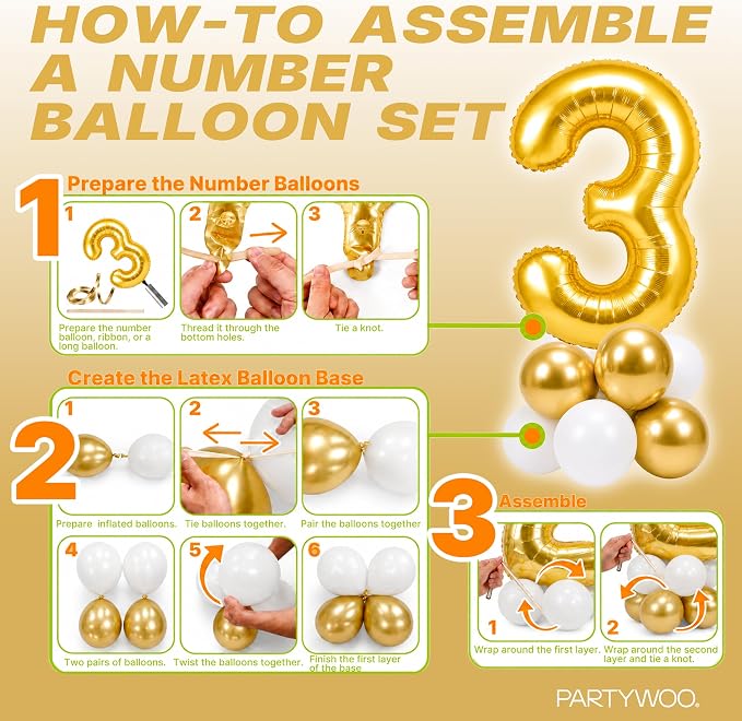 PartyWoo Number Balloons 40 Inch Gold Number 3 Kit 25pcs - Image 7