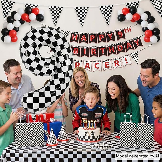 40 Inch Checkered 9 Balloon, Big Mylar Black and White Racing Balloon, Kids 9th - Image 2