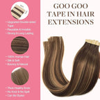 GOO GOO Tape in Hair Extensions Human Hair, 4/27/4 Balayage Chocolate Brown to Caramel Blonde, 26inch 60g 20pcs, Skin Weft Seamless Invisible, Silky Straight with Thick Ends, Remy Human Hair