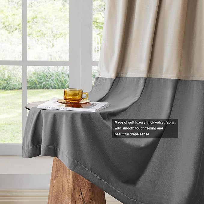 BULBUL Champagne Grey Color Block Window Curtains Panels 96 inches Long Velvet - Image 5