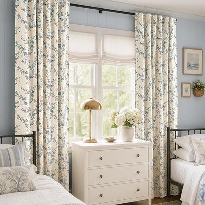 Blackout Vintage Floral Linen Curtains Blue on Beige 50×96 2 Panels | Elisa - Image 6