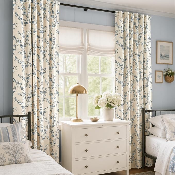 Blackout Vintage Floral Linen Curtains Blue on Beige 50×84 2 Panels | Elisa - Image 6