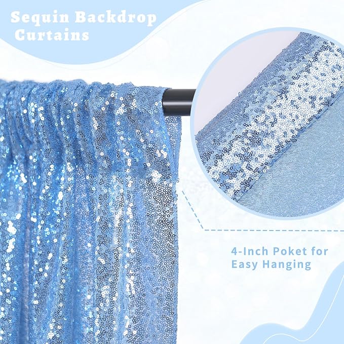 Baby Blue Sequin Backdrop Curtains 2 Pcs 3.3ftx8ft Sparkle Backdrop Fabric | - Image 2