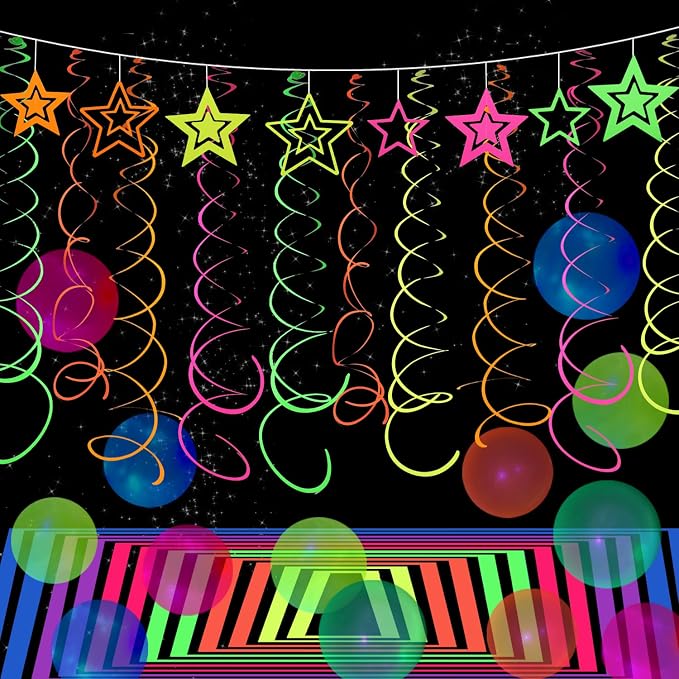 54 Pieces UV Hanging Swirl Paper Neon Star Garlands Streamers Black Light Glow - Image 5
