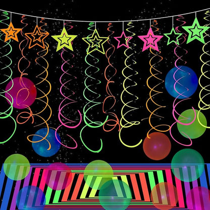 54 Pieces UV Hanging Swirl Paper Neon Star Garlands Streamers Black Light Glow - Image 5