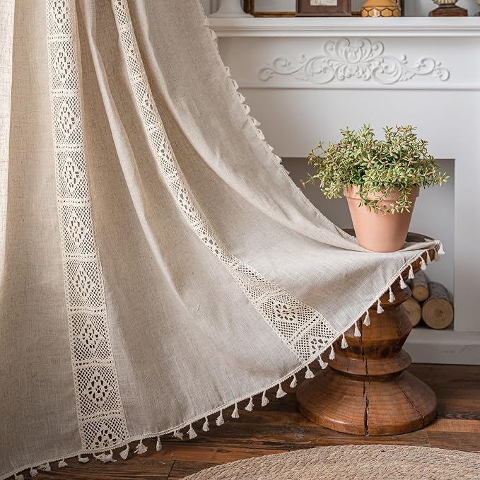 ENJOYBRIDAL Beige Curtains Crochet Lace Patchwork Drapes Curtains 63 Inch by ENJOYBRIDAL