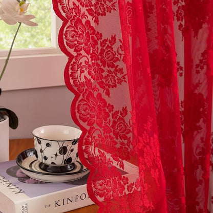 Kotile Red Sheer Curtains for Living Room Rustic Floral 52x96 Inch 2 Panels | by Kotile+Curtains