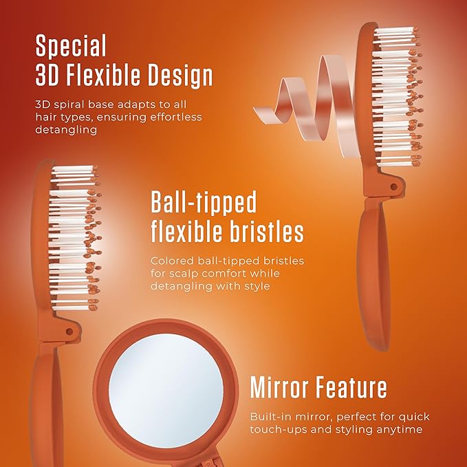 Mini Detangler Travel Hair Brush with Mirror, Makaron Hair Brushes for Women, Men and Kids, Unique 3D Flexible Design for All Hair Types, Styling Accessory, Travel Essentials for Women (DARK ORANGE)