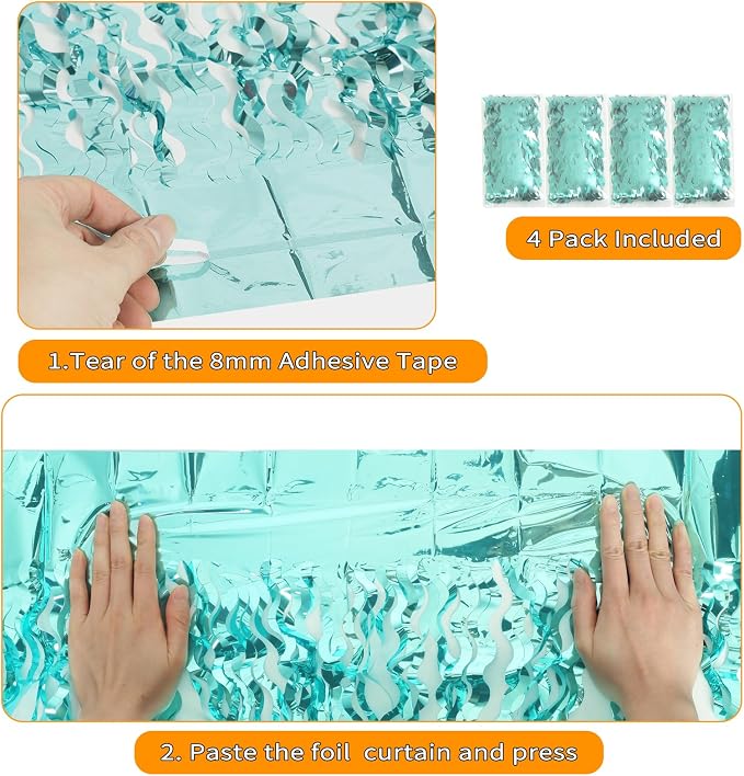 4 Pack 3.3 ft x 6.6 ft Wavy Aqua Teal Blue Tinsel Foil Fringe Curtains Backdrop - Image 4