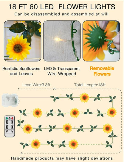 Sunflower Garland with 60LED Fairy Light Battery Operated Clear Wire | Vines - Image 7