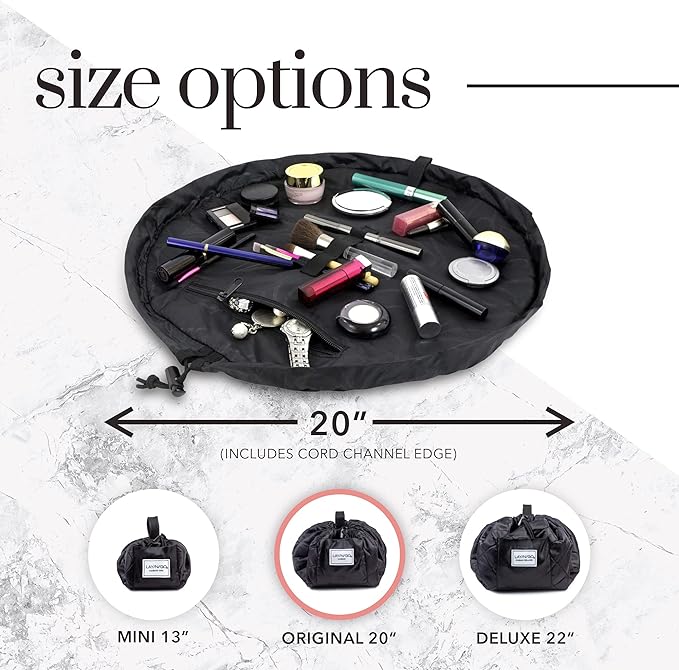 Lay-n-Go Cosmo Layflat Drawstring Cosmetic & Makeup Bag Organizer - Portable Drawstring Makeup Bag w/Zipper Pocket, Makeup Loops & More -Durable, Machine Washable Toiletry Bag (20", Metallic Silver)