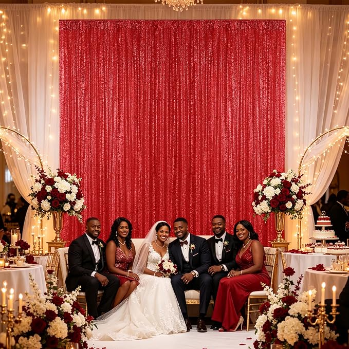 Hahuho Red Sequin Backdrop Curtain, 4 Panels, 2FT x 8FT | Glitter Backdrop - Image 3