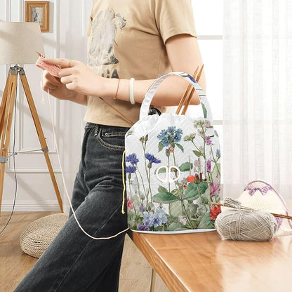 Wildflower Bloom Blue Yarn Bag Small Crochet Bag Drawstring Yarn Storage - Image 6