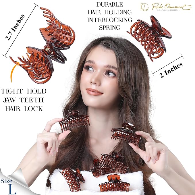 RC ROCHE 6 Pcs Double Claw Hair Clip Tooth Claw Clip Grip Tooth Jaw Clamps Thin Fine Hair Strong Hold No Slip Undo Clutchers for Women, Medium Brown