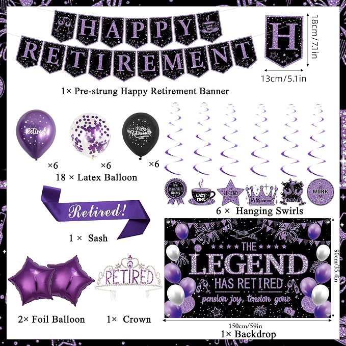 Roetyce Purple Retirement Party Decorations Women, Happy Retirement Banner | - Image 2