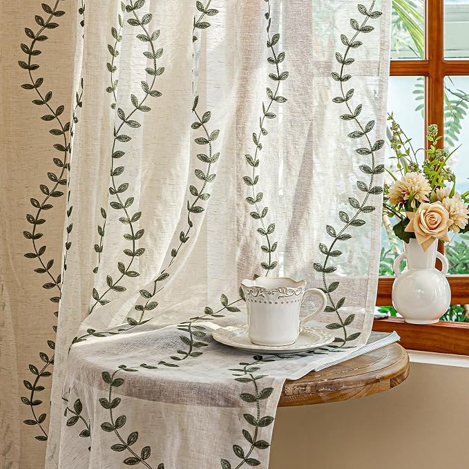 2 Panels Linen Leaf String Floral Embroidered Semi Sheer Curtain Farmhouse by AmHootextile