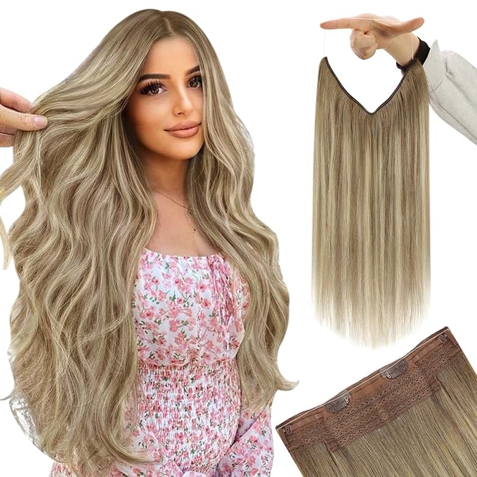 YoungSee 135G Wire Hair Extensions Real Human Hair Light Brown Wire Human Hair Extensions Balayage Light Brown with Blonde Fish Line Hair Extension for Women 24 Inch