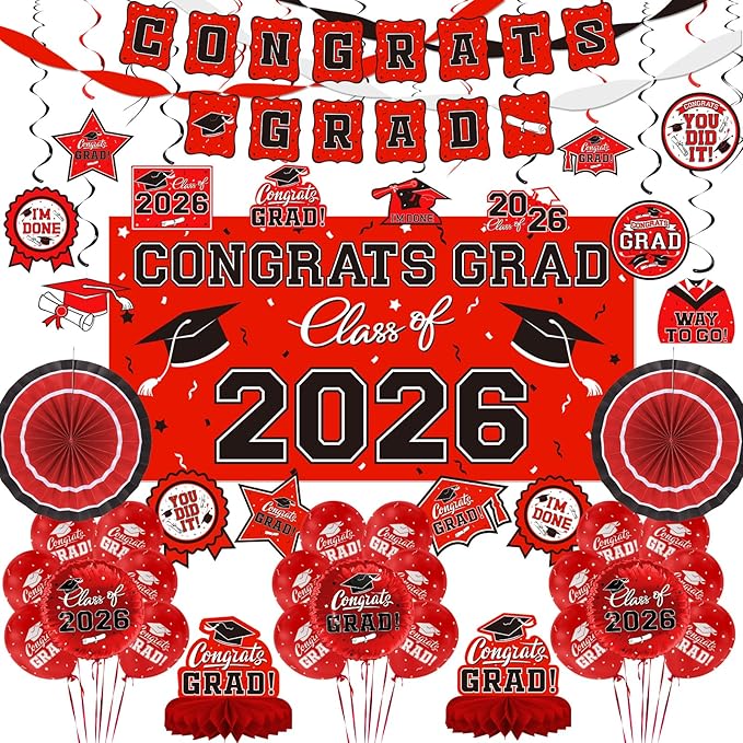 Red Themed 2026 Graduation Decorations Set by Gatherfun