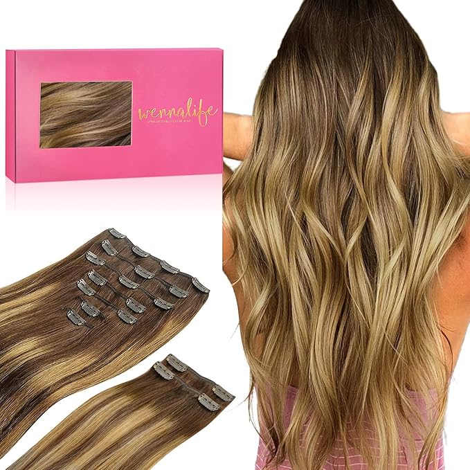 WENNALIFE Clip in Hair Extensions, 150g 16 Inch 9pcs Balayage Chocolate Brown to Caramel Blonde Remy Hair Thicker Double Weft Extensiones De Cabello Humano Con Clip Ins Straight Full Volume