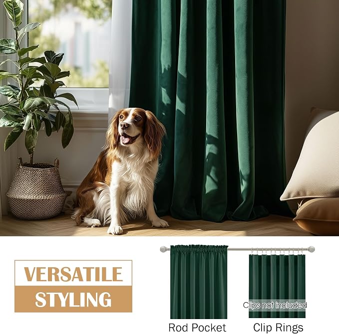 Beauoop Velvet Curtains for Bedroom Living Room Dark Green 52x84 2 Panels | - Image 7
