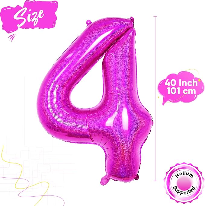 Hot Pink 4 Balloon, 40 Inch Large Laser Hot Pink Foil Helium Number Balloons 0-9 - Image 2