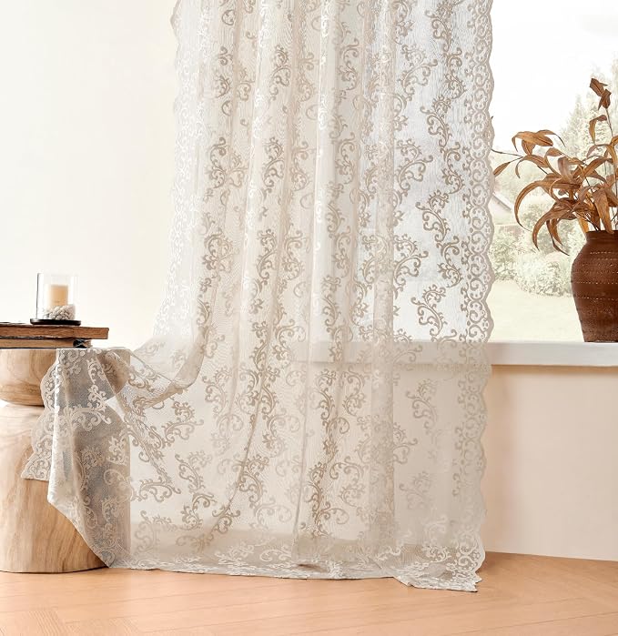 Khaki Lace Curtains 63 Inch Length 2 Panels Vintage French Floral Sheer Curtains - Image 4