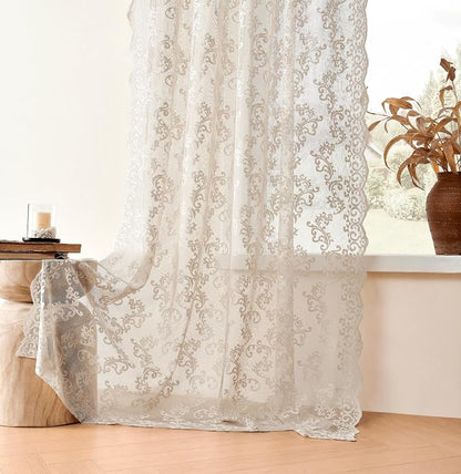 Khaki Lace Curtains 63 Inch Length 2 Panels Vintage French Floral Sheer Curtains - Image 4