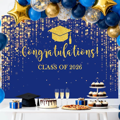 Mocsicka Class of 2026 Backdrop Blue Gold Glitter Bokeh Graduation Party - Image 2