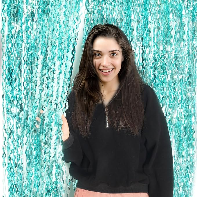 4 Pack 3.3 ft x 6.6 ft Wavy Aqua Teal Blue Tinsel Foil Fringe Curtains Backdrop - Image 3