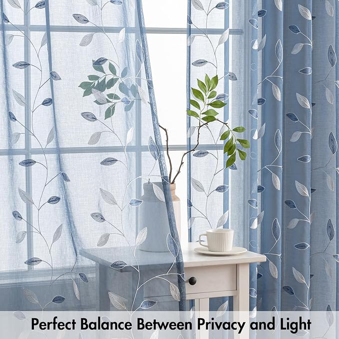 MIULEE Dusty Blue Sheer Curtains 2 Panels Leaf Patterned, W52 x L63 | - Image 5
