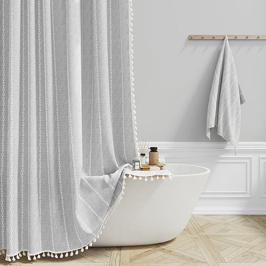 72 x 90 Boho Linen Heavy Duty Cloth Shower Curtain Set, 330GSM Linen Blend by ShowerCurtain
