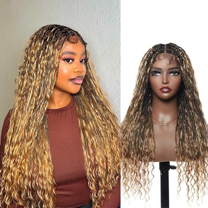Human Hair Boho Curls Hand-Tied HD Full Lace Wig - 24" Salon-Level Small Box Synthetic Braids (100 Braids, High Density) Pre-Cut Swiss HD Lace, Pre-Plucked, Tangle-Free - 1B/27 Honey Blond
