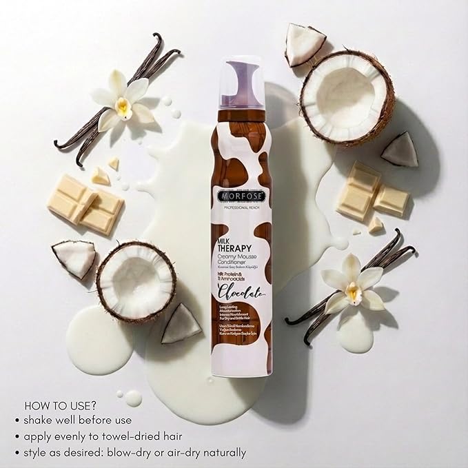 Morfose Milk Therapy Mousse Conditioner Spray, Moisturizing Treatment for Dry, Damaged, Brittle Hair, Restore Softness and Shine (6.76 Fl Oz (Pack of 1), Chocolate)