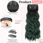 KooKaStyle Clip in Synthetic Hair Extensions Long Wavy 4PCS Thick HairpiecesBlack to Green Ombre Fiber Double Weft Natural Hair Extensions 24 Inch for Women