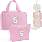 YOOLIFE Hanging Toiletry Bag - Large Capacity Personalized Travel Toiletry Bag for Women, Cruise Ship Essentials - Letter S, Pink